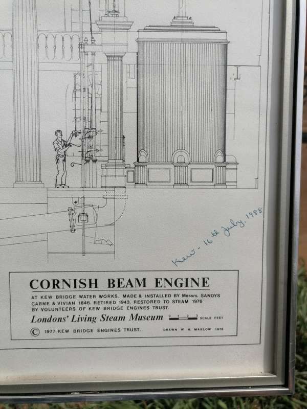 vintage Cornish beam engine print. London`s living steam museum