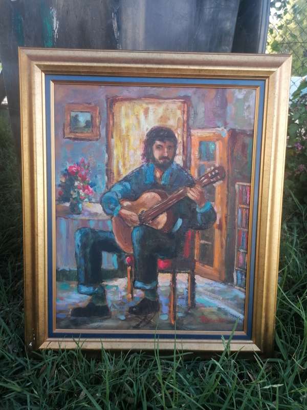 Koos Bronkorst - Oil on board. Guitar Player