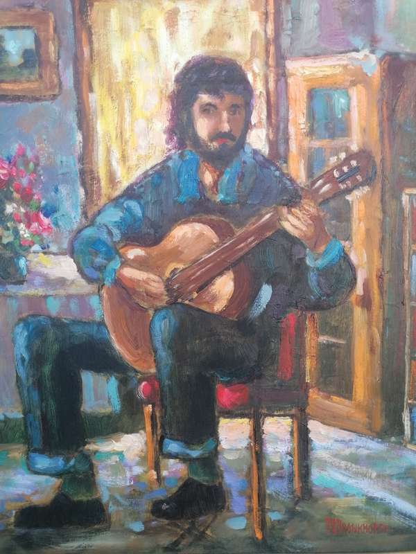 Koos Bronkorst - Oil on board. Guitar Player