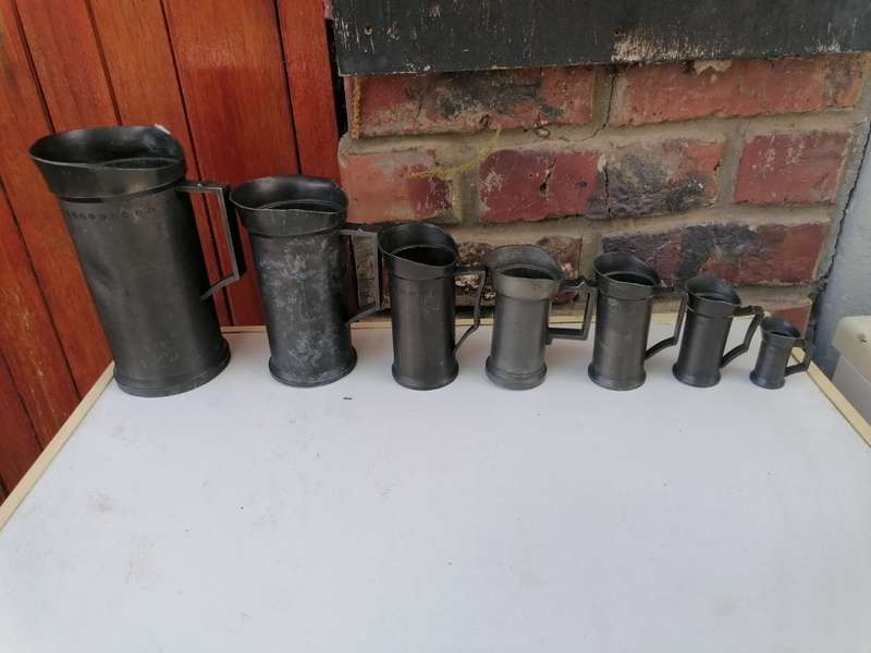 Antique 7 Piece Set Pewter Measuring Cups Tankards Litre Europe Metric