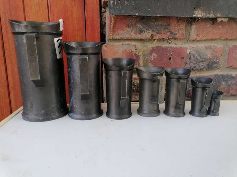 Antique 7 Piece Set Pewter Measuring Cups Tankards Litre Europe Metric