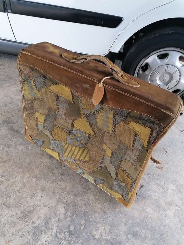 Vtg The French company Patchwork Tapestry and Suede Leather Suitcase luggage