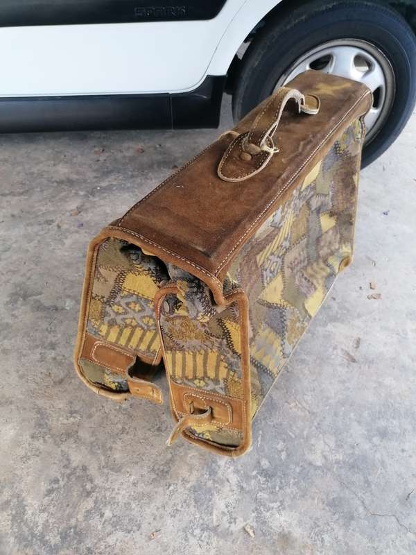 Vtg The French company Patchwork Tapestry and Suede Leather Suitcase luggage