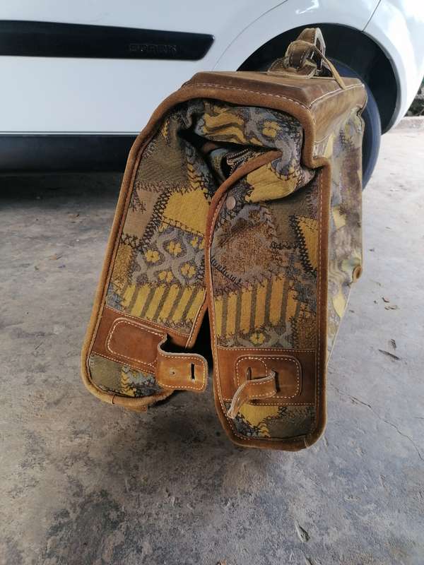 Vtg The French company Patchwork Tapestry and Suede Leather Suitcase luggage