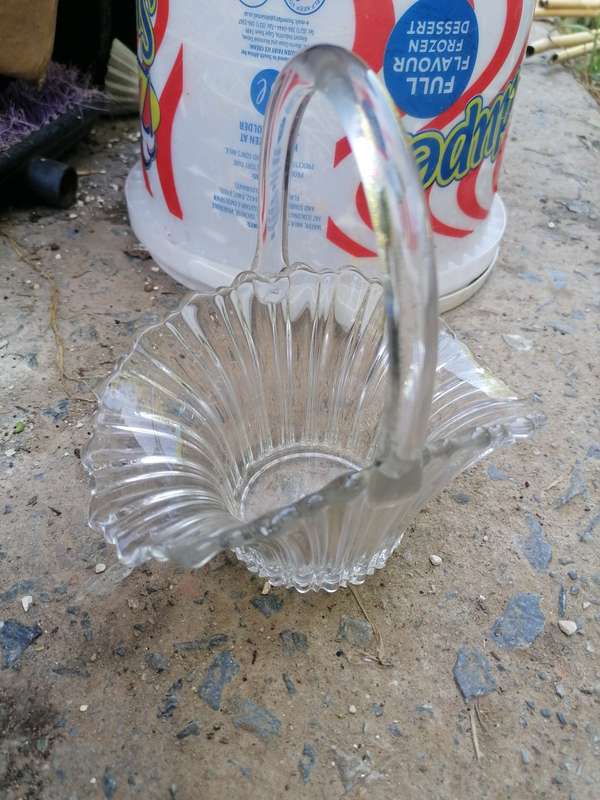Pressed Clear Glass Large Handled Brides Basket