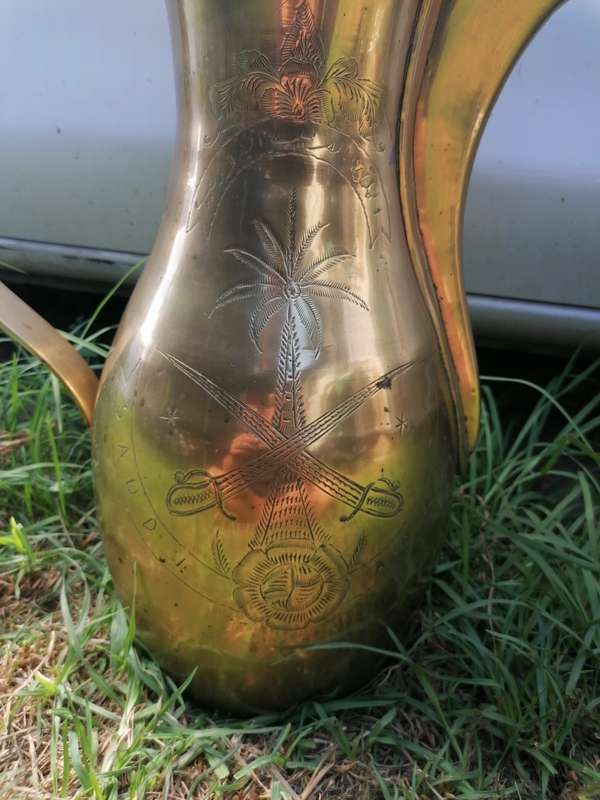 Large Saudi Arabia brass kettle. 79cm tall weight near 8kg