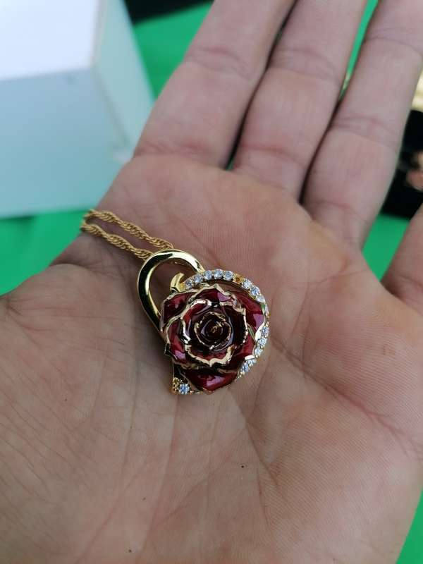 Red Rose Glazed & Trimmed with 24K Gold with its matching earrings and pendant with authentication