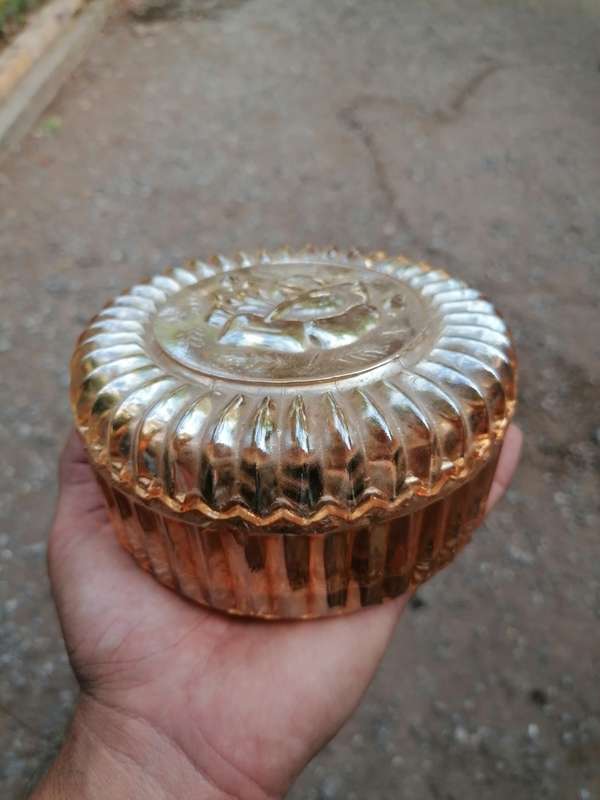Vintage Marigold Carnival Glass Rose Powder Jar