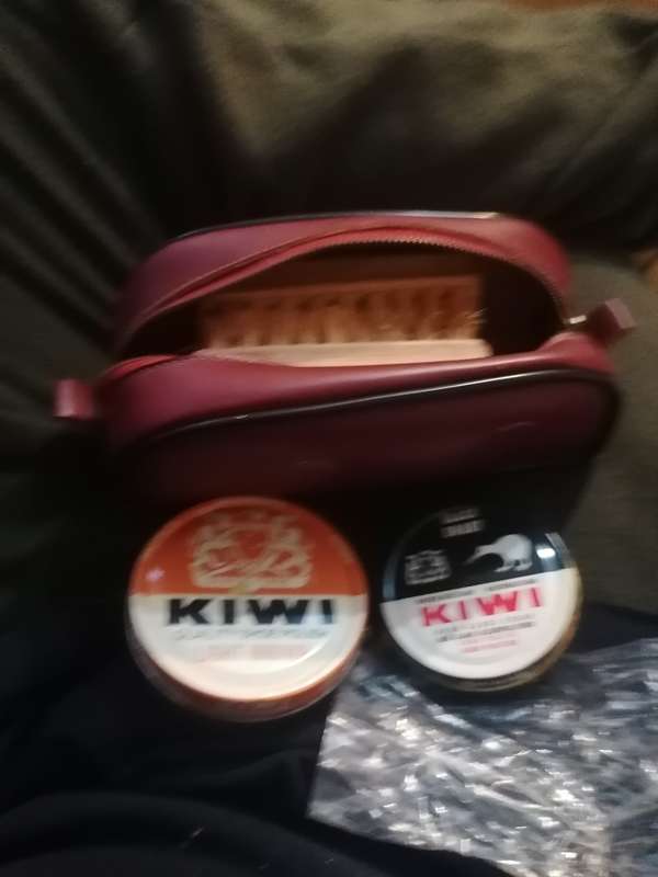 Old kiwi shoe polish tins. One still full with brushes & travel bag