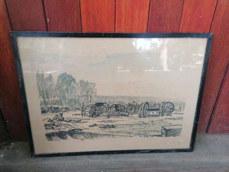 War Drawing By Muirhead Bone: Men of the R.F.A. Cleaning their Guns