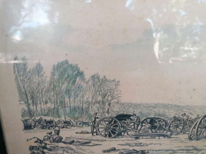 War Drawing By Muirhead Bone: Men of the R.F.A. Cleaning their Guns