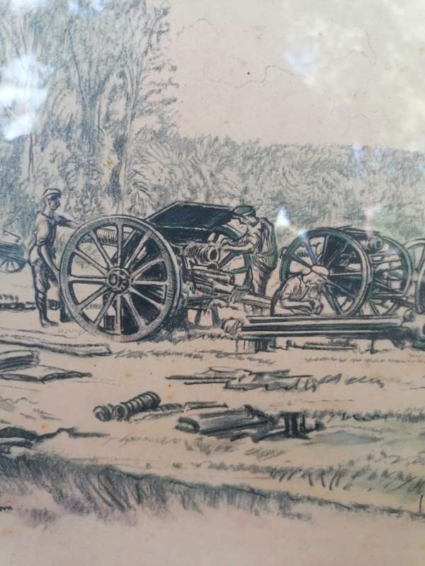 War Drawing By Muirhead Bone: Men of the R.F.A. Cleaning their Guns