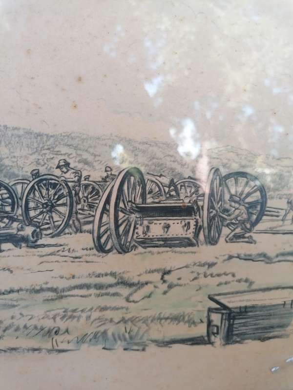 War Drawing By Muirhead Bone: Men of the R.F.A. Cleaning their Guns
