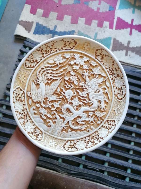 Vintage Chinese Dragon & Phoenix Carved Lacquerware Plate / signed