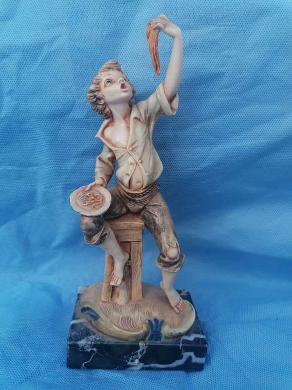 ITALIAN FIGURINE MOUNTED ON GENUINE CARRARA MARBLE BASE - BOY EATING PASTA - SIGNED SIMONETTI