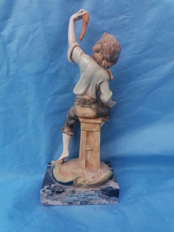 ITALIAN FIGURINE MOUNTED ON GENUINE CARRARA MARBLE BASE - BOY EATING PASTA - SIGNED SIMONETTI
