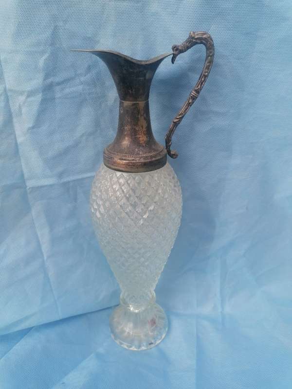 Vintage Crystal Diamond Cut Gilded Snake Handle Pitcher