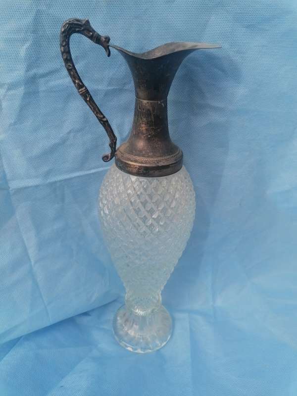 Vintage Crystal Diamond Cut Gilded Snake Handle Pitcher