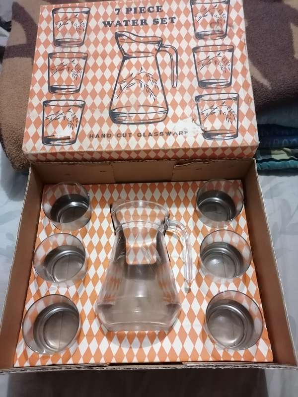 vintage 7 piece water set hand cut glassware in box