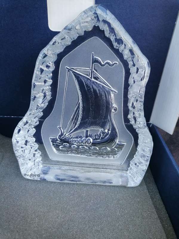 Nybro Crystal Block Viking ship- Hand Made in Sweden