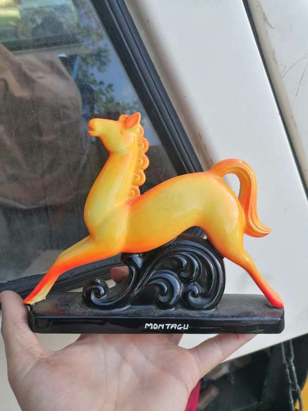 Vintage Ceramic Red Prancing Horse With Black Base