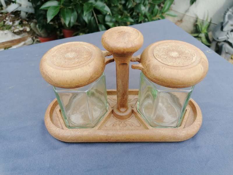 Cute jar set with wooden lids and stand