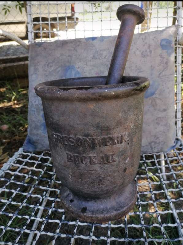 Large and heavy grusonwerk mortar and pestle