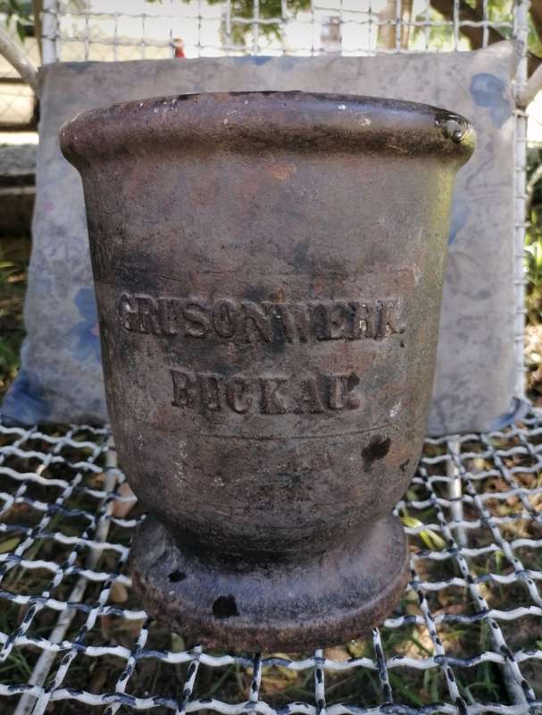 Large and heavy grusonwerk mortar and pestle