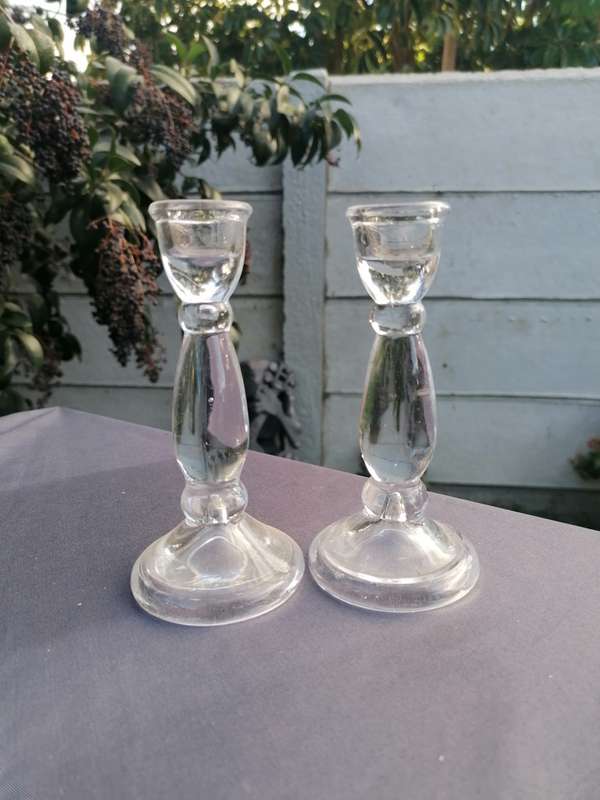 Lovely pair of small glass candle holders 13.5cm