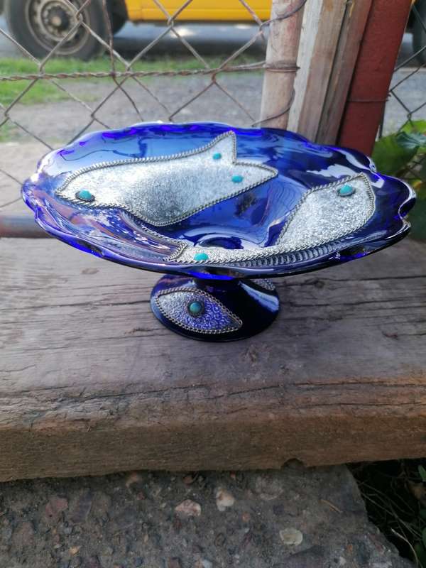 Cobalt Blue Art Glass Bowl with Applied Silver and Turquoise Decoration