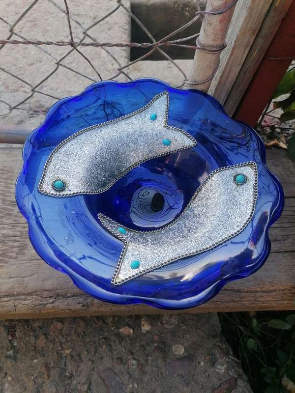 Cobalt Blue Art Glass Bowl with Applied Silver and Turquoise Decoration