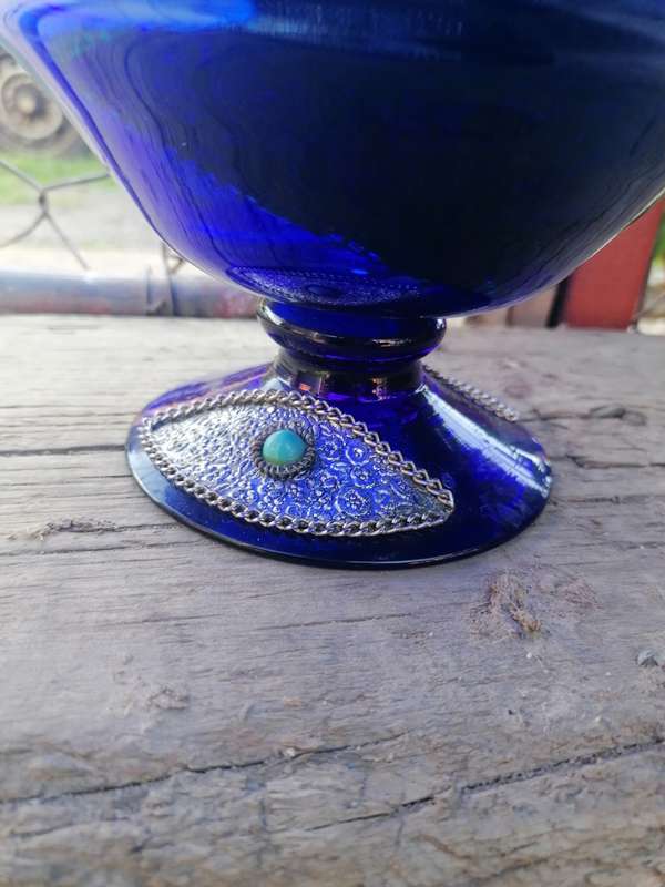 Cobalt Blue Art Glass Bowl with Applied Silver and Turquoise Decoration