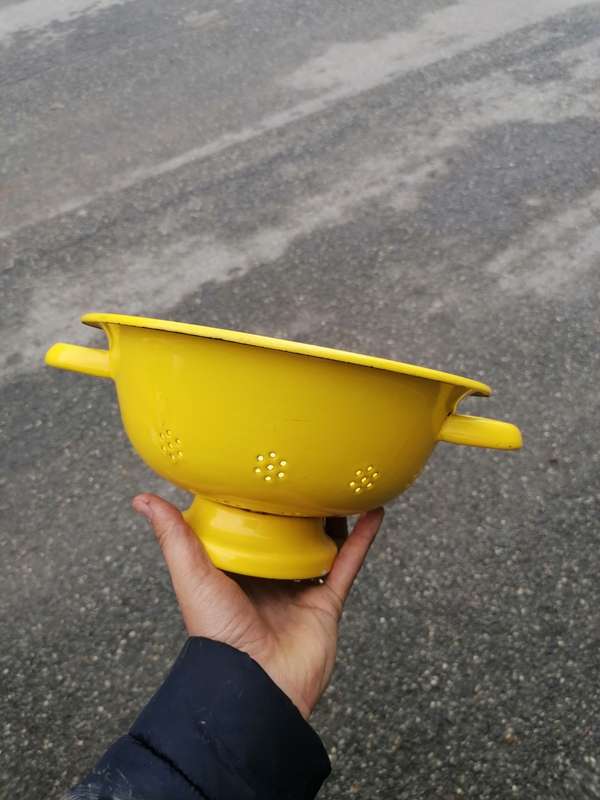 Vintage Kitchen Colander Yellow Enamelware