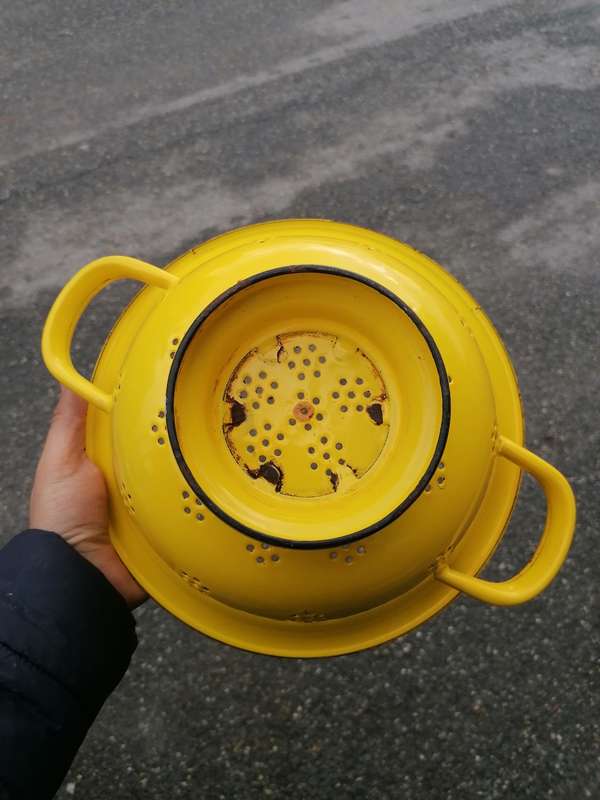 Vintage Kitchen Colander Yellow Enamelware