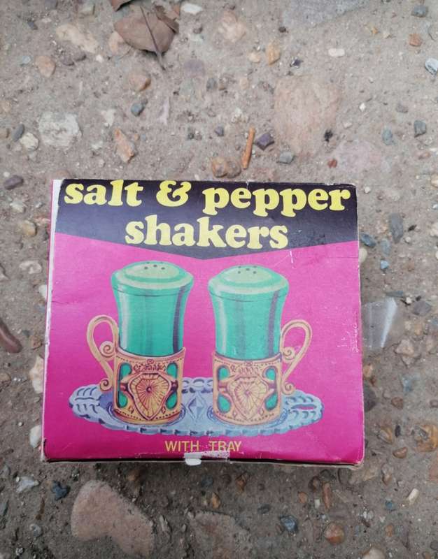 Vintage unused salt & pepper shakers  WITH TRAY