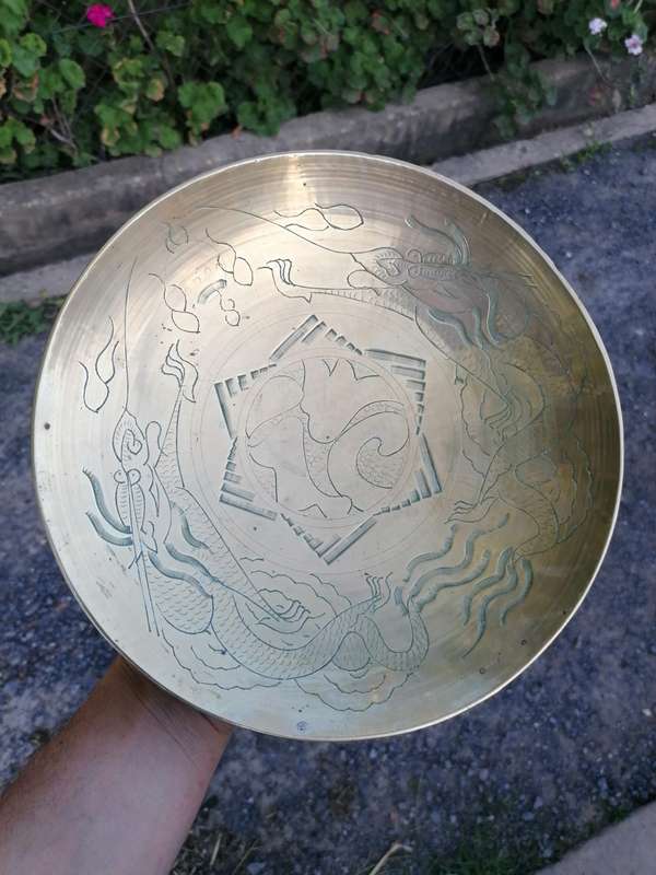 Antique Chinese Brass Bowl 2 Dragons Engraved