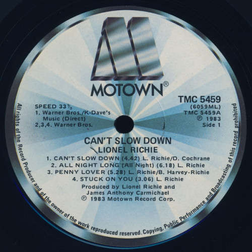 Lionel Richie, Can`t slow Down, Lp, SA Pressing  VG
