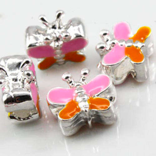 Pink and Orange Butterfly Sterling Silver Pandora Style Bead (NOT cheap alloy - NO Nickel)