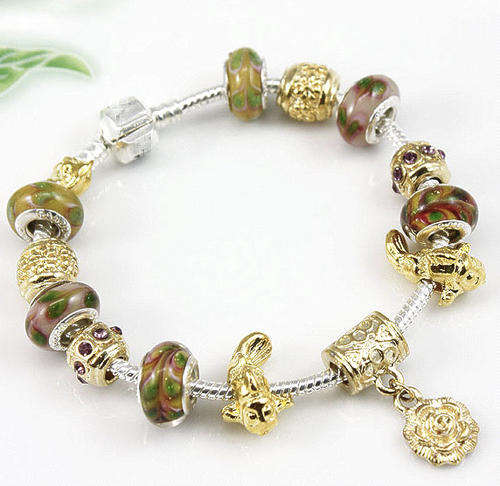 Silver Pandora style Golden Fish Charm Bracelet (No Nickel NO Cheap Alloy)