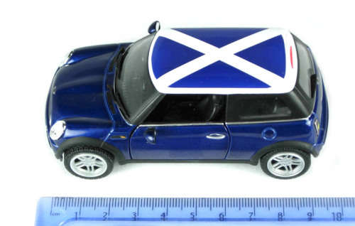 BMW Mini Cooper S in blue with St. Andrew`s flag (Scotland)