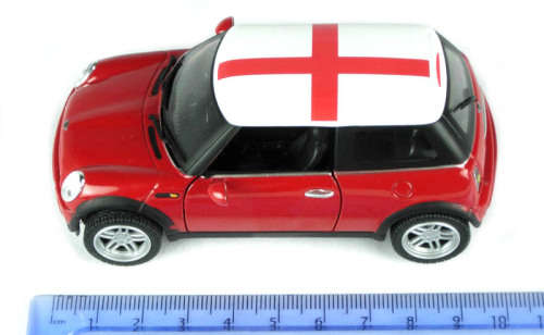 BMW Mini Cooper S in red with St. George`s Cross. (England)