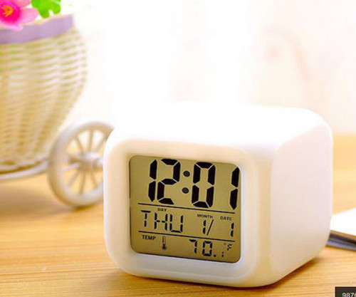 Colorful Light Digital Alarm Clock Calendar Thermometer (White, 3x AAA)..!