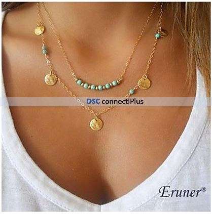 Eruner Multi-layer Wafer andTurquoise Pendant Necklace for Women (Golden)..!