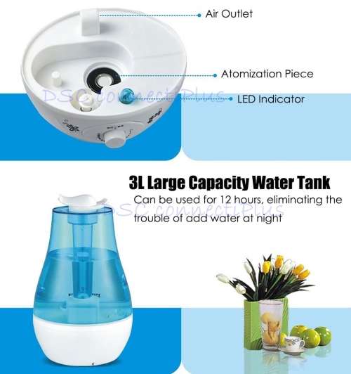 3L Tank Capacity Water Bottle Mini Home Ultrasonic Humidifier Air Purifier/Refresher w/LED Mood Lamp