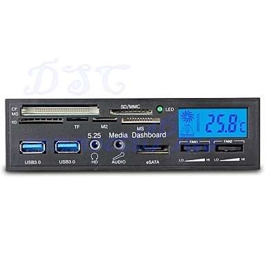 5.25 Inch 6-in-1 USB 3.0 Multi-function LCD Fan Controller Panel Media Dashboard Card Reader (Black)