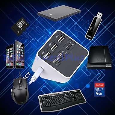 All-in-1 USB 2.0 Card Reader USB Hub 3x USB+MS/SD/M2/TF Card Reader 7 Slots USB Combo (White+Black)