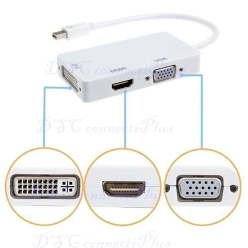 3-in-1 Thunderbolt Mini DisplayPort DP To HDMI DVI VGA Adapter For MacBook Pro Air (White)..!