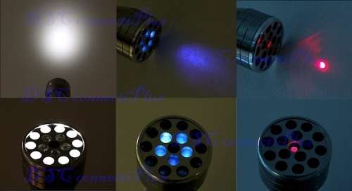 Multifunctional 15-LED 3-Mode 50-Lumens Flashlight with Blue UV Light and Red Laser (Silver)..!