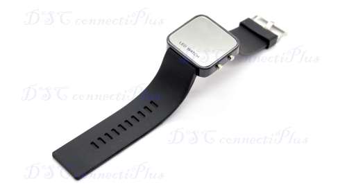Stylish Rubber Band Mirror Dial Red LED Light Wrist Watch (Black)..!