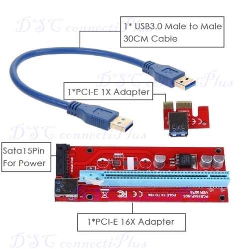 PCI Express w/ USB3.0 Port & SATA 15pin Power Supply Connector Riser Card 1x to 16x 30cm